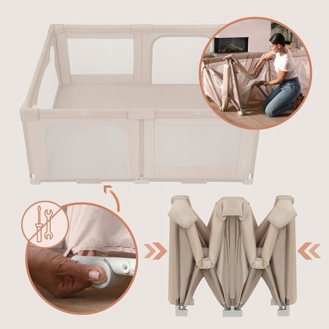 Tarc de joaca copii, Lionelo, Florence Easy Fold, 150 x 180 x 75 cm, Pliere, depliere automata, Include geanta de transport, Din plasa, Cu doua intrari laterale, 0-48 luni, Conform cu EN12227, Bej BYNLO-FLORENCE_EASY_FOLD_BEIGE_SAND