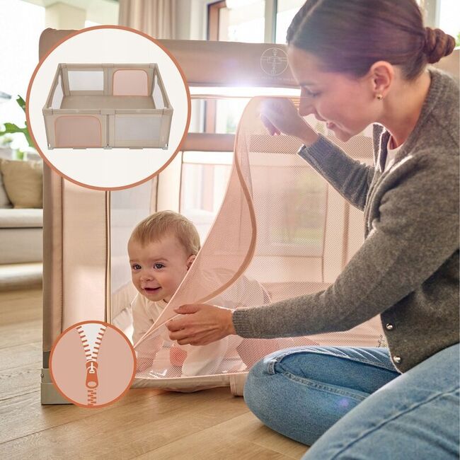 Tarc de joaca copii, Lionelo, Florence Easy Fold, 150 x 180 x 75 cm, Pliere, depliere automata, Include geanta de transport, Din plasa, Cu doua intrari laterale, 0-48 luni, Conform cu EN12227, Bej BYNLO-FLORENCE_EASY_FOLD_BEIGE_SAND