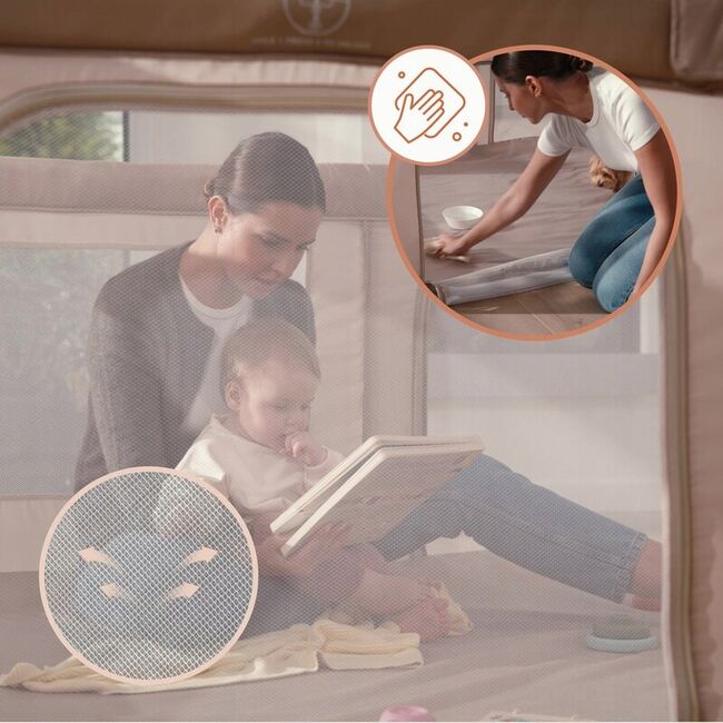 Tarc de joaca copii, Lionelo, Florence Easy Fold, 150 x 180 x 75 cm, Pliere, depliere automata, Include geanta de transport, Din plasa, Cu doua intrari laterale, 0-48 luni, Conform cu EN12227, Bej BYNLO-FLORENCE_EASY_FOLD_BEIGE_SAND