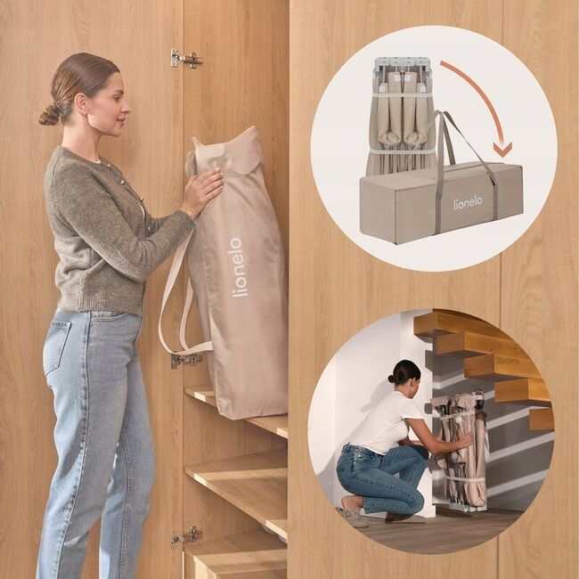 Tarc de joaca copii, Lionelo, Florence Easy Fold, 150 x 180 x 75 cm, Pliere, depliere automata, Include geanta de transport, Din plasa, Cu doua intrari laterale, 0-48 luni, Conform cu EN12227, Bej BYNLO-FLORENCE_EASY_FOLD_BEIGE_SAND