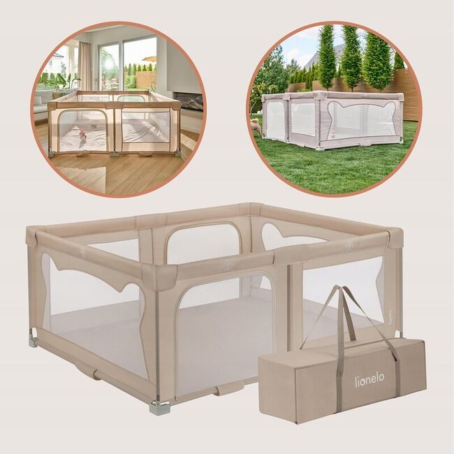 Tarc de joaca copii, Lionelo, Florence Easy Fold, 150 x 180 x 75 cm, Pliere, depliere automata, Include geanta de transport, Din plasa, Cu doua intrari laterale, 0-48 luni, Conform cu EN12227, Bej BYNLO-FLORENCE_EASY_FOLD_BEIGE_SAND