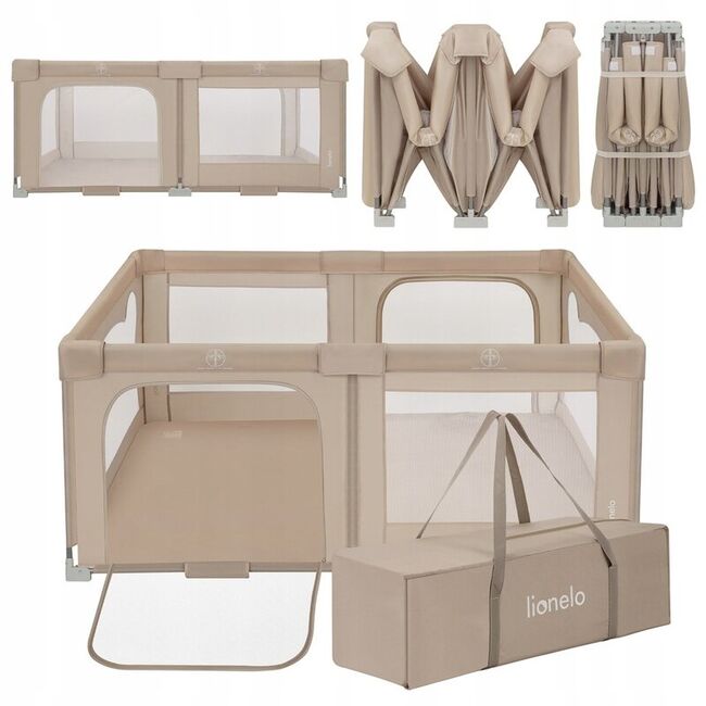 Tarc de joaca copii, Lionelo, Florence Easy Fold, 150 x 180 x 75 cm, Pliere, depliere automata, Include geanta de transport, Din plasa, Cu doua intrari laterale, 0-48 luni, Conform cu EN12227, Bej BYNLO-FLORENCE_EASY_FOLD_BEIGE_SAND