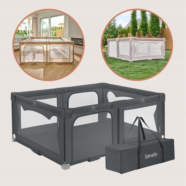 Tarc de joaca copii, Lionelo, Florence Easy Fold, 150 x 180 x 75 cm, Pliere, depliere automata, Include geanta de transport, Din plasa, Cu doua intrari laterale, 0-48 luni, Conform cu EN12227, Gri BYNLO-FLORENCE_EASY_FOLD_GREY_GRAPHITE