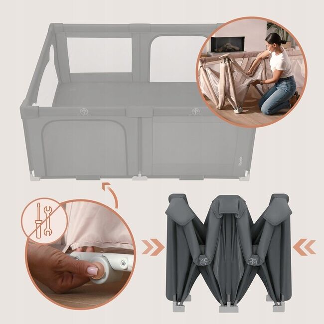 Tarc de joaca copii, Lionelo, Florence Easy Fold, 150 x 180 x 75 cm, Pliere, depliere automata, Include geanta de transport, Din plasa, Cu doua intrari laterale, 0-48 luni, Conform cu EN12227, Gri BYNLO-FLORENCE_EASY_FOLD_GREY_GRAPHITE