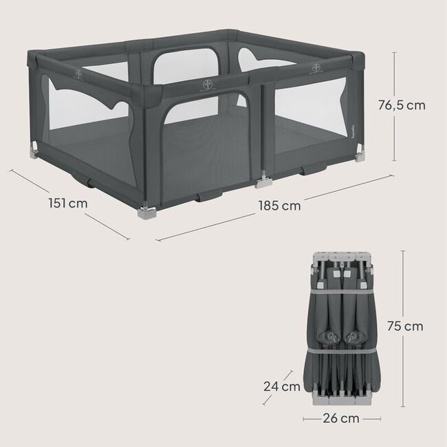Tarc de joaca copii, Lionelo, Florence Easy Fold, 150 x 180 x 75 cm, Pliere, depliere automata, Include geanta de transport, Din plasa, Cu doua intrari laterale, 0-48 luni, Conform cu EN12227, Gri BYNLO-FLORENCE_EASY_FOLD_GREY_GRAPHITE