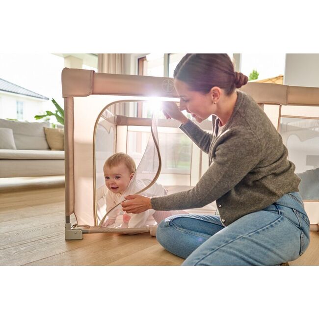 Tarc de joaca copii, Lionelo, Florence Easy Fold, 150 x 180 x 75 cm, Pliere, depliere automata, Include geanta de transport, Din plasa, Cu doua intrari laterale, 0-48 luni, Conform cu EN12227, Gri BYNLO-FLORENCE_EASY_FOLD_GREY_GRAPHITE