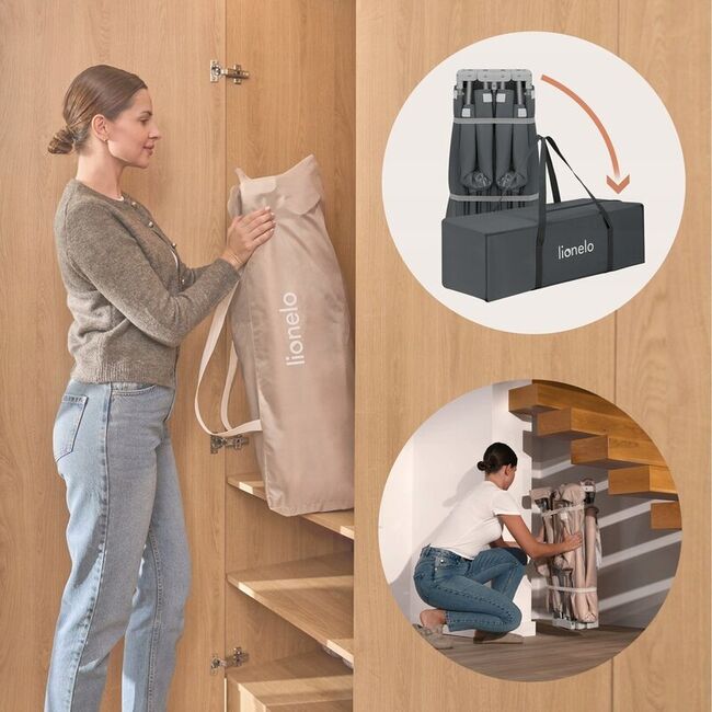 Tarc de joaca copii, Lionelo, Florence Easy Fold, 150 x 180 x 75 cm, Pliere, depliere automata, Include geanta de transport, Din plasa, Cu doua intrari laterale, 0-48 luni, Conform cu EN12227, Gri BYNLO-FLORENCE_EASY_FOLD_GREY_GRAPHITE