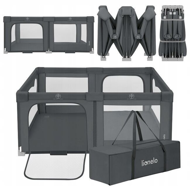 Tarc de joaca copii, Lionelo, Florence Easy Fold, 150 x 180 x 75 cm, Pliere, depliere automata, Include geanta de transport, Din plasa, Cu doua intrari laterale, 0-48 luni, Conform cu EN12227, Gri BYNLO-FLORENCE_EASY_FOLD_GREY_GRAPHITE