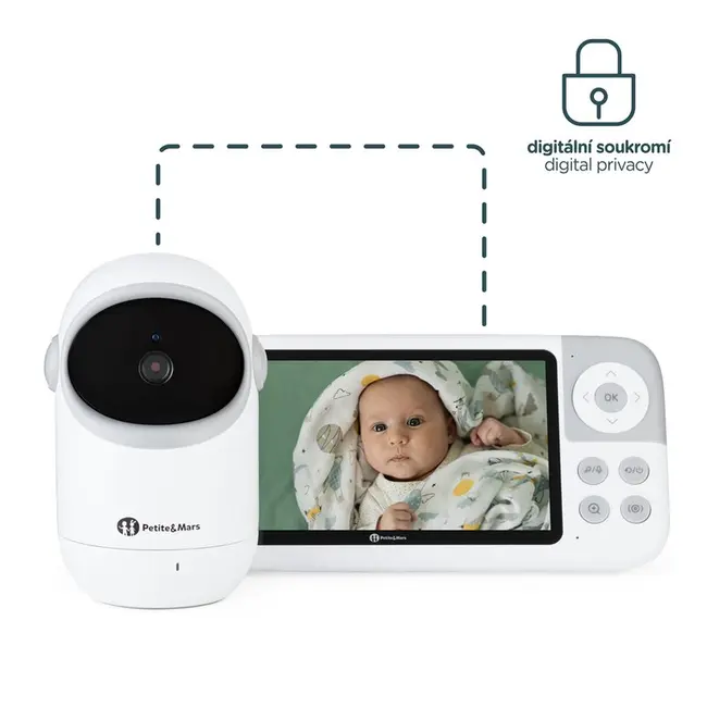Video monitor, Petite&Mars, Eve 5.0, Ecran HD, Autonomie baterie pana la 16 ore, Raza de actiune 300m, Suport pentru pana la 4 camere, Comunicare bidirectionala, 8 melodii, Activare VOX la voce, Alb BYN680045