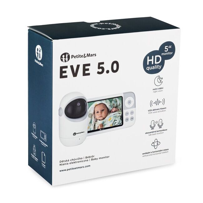 Video monitor, Petite&Mars, Eve 5.0, Ecran HD, Autonomie baterie pana la 16 ore, Raza de actiune 300m, Suport pentru pana la 4 camere, Comunicare bidirectionala, 8 melodii, Activare VOX la voce, Alb BYN680045