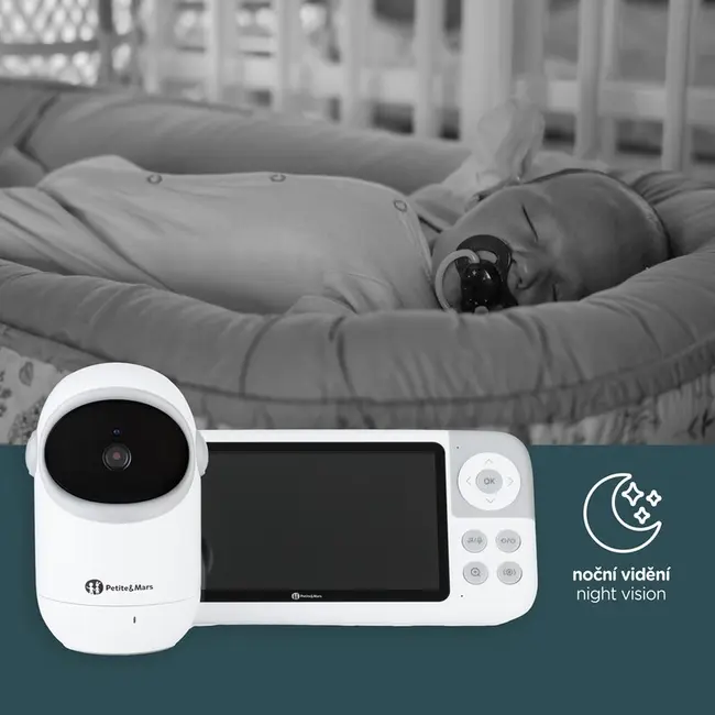 Video monitor, Petite&Mars, Eve 5.0, Ecran HD, Autonomie baterie pana la 16 ore, Raza de actiune 300m, Suport pentru pana la 4 camere, Comunicare bidirectionala, 8 melodii, Activare VOX la voce, Alb BYN680045