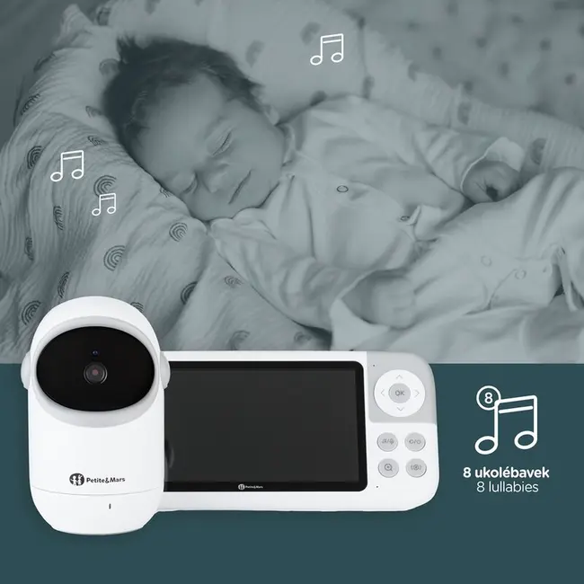 Video monitor, Petite&Mars, Eve 5.0, Ecran HD, Autonomie baterie pana la 16 ore, Raza de actiune 300m, Suport pentru pana la 4 camere, Comunicare bidirectionala, 8 melodii, Activare VOX la voce, Alb BYN680045