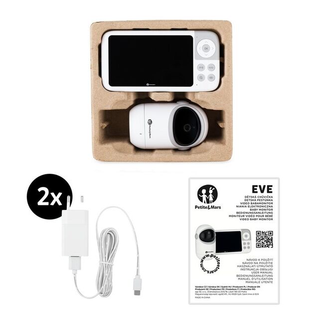 Video monitor, Petite&Mars, Eve 5.0, Ecran HD, Autonomie baterie pana la 16 ore, Raza de actiune 300m, Suport pentru pana la 4 camere, Comunicare bidirectionala, 8 melodii, Activare VOX la voce, Alb BYN680045