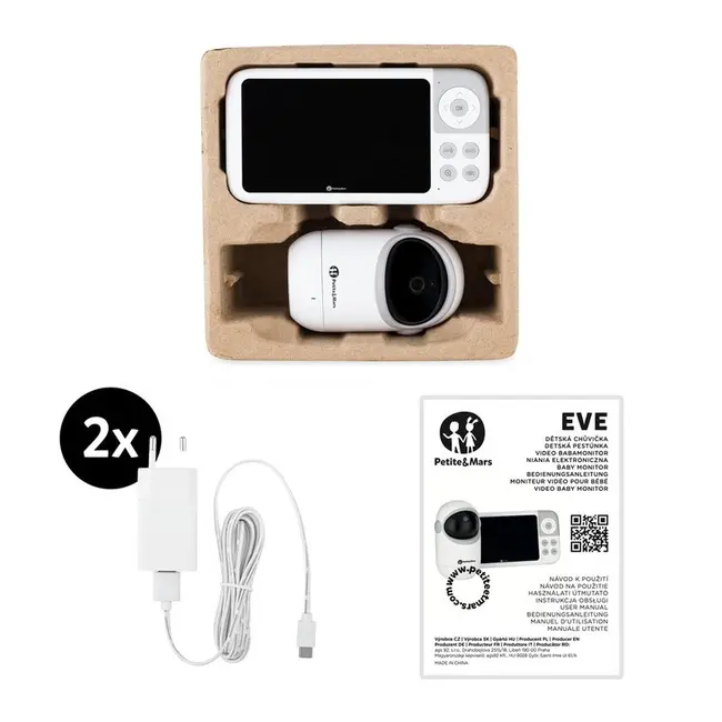 Video monitor, Petite&Mars, Eve 5.0, Ecran HD, Autonomie baterie pana la 16 ore, Raza de actiune 300m, Suport pentru pana la 4 camere, Comunicare bidirectionala, 8 melodii, Activare VOX la voce, Alb BYN680045