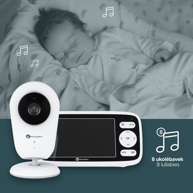 Video monitor, Petite&Mars, Nano 4.0, Ecran HD, Zoom digital 3×, Raza de actiune 300m, Suport pentru pana la 4 camere, Comunicare bidirectionala, 8 melodii, Alb BYN680055