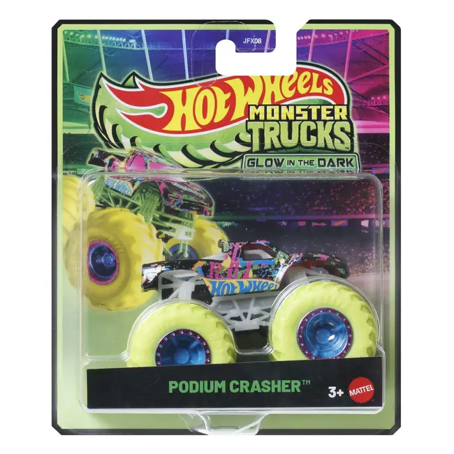 HOT WHEELS MONSTER TRUCK GLOW IN THE DARK MASINUTA PODIUM CRASHER SCARA 1 LA 64 VIVMTJFX08_JFX09
