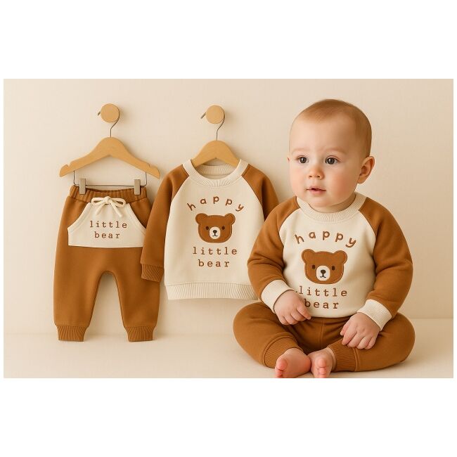 Set bluzita si pantaloni bebelus „happy little bear” - maro bbl39