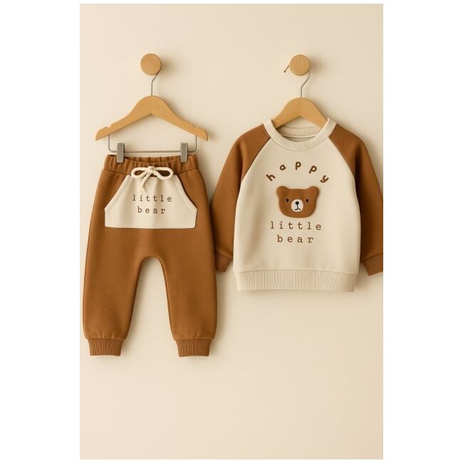 Set bluzita si pantaloni bebelus „happy little bear” - maro bbl39