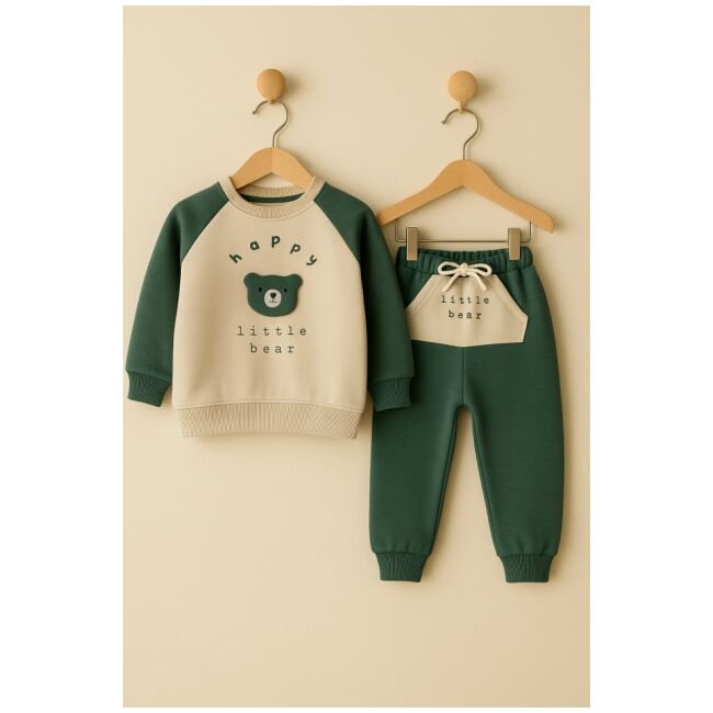 Set bluzita si pantaloni bebelus „happy little bear” - verde bbl40