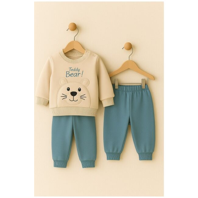 Costum teddy bear pentru baieti, bluza bej si pantaloni bleu - set confortabil bebe trmd56559