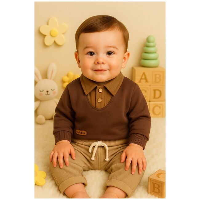 Costumas 2 piese cu camasa integrata si pantaloni confortabili – maro bej trmdm0775-2