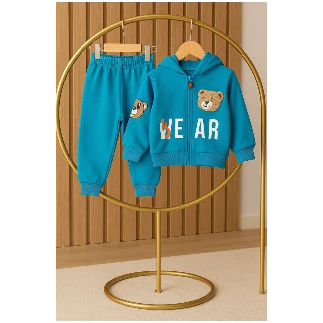 Costumas 2 piese cu ursulet si hanorac cu gluga - albastru turcoaz trmb10085