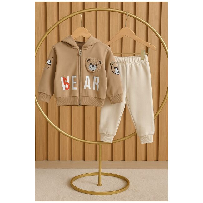Costumas 2 piese cu ursulet si hanorac cu gluga - crem trmd10085