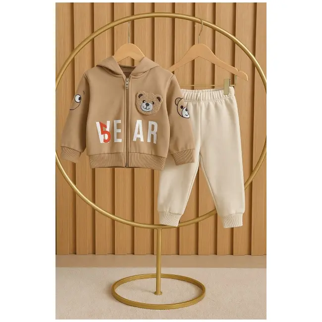 Costumas 2 piese cu ursulet si hanorac cu gluga - crem trmd10085