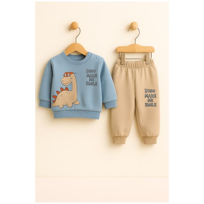 Costumas 2 piese din bumbac cu dinozaur - bluza si pantaloni comozi trmb3706