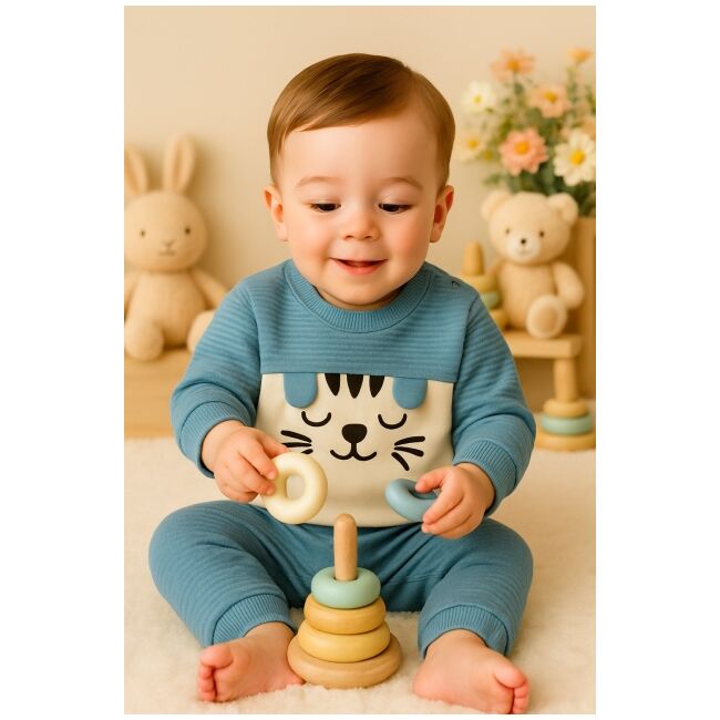 Costumas baietel 2 piese albastru cu pisicuta – confort si joaca trmb7191