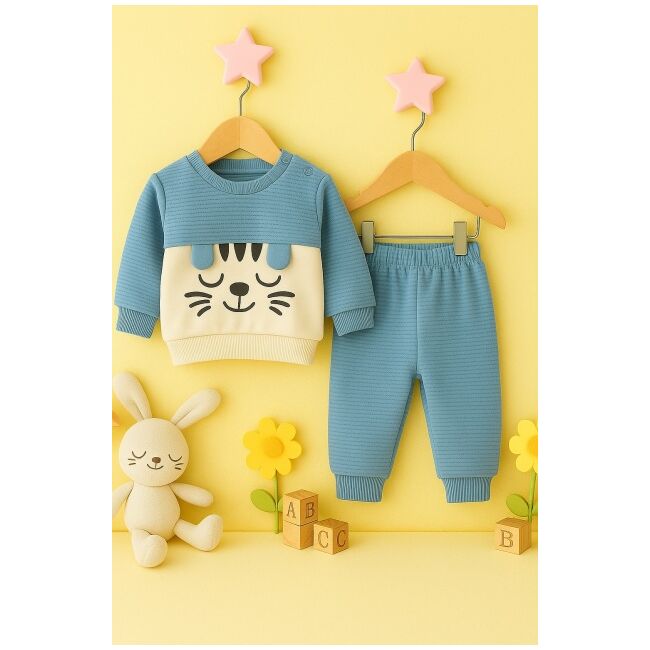 Costumas baietel 2 piese albastru cu pisicuta – confort si joaca trmb7191