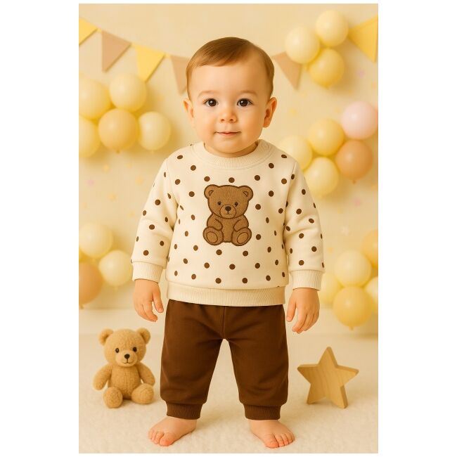 Costumas bebe ursulet cu buline, bluza crem si pantaloni maro – set 2 piese trmd655