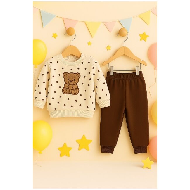 Costumas bebe ursulet cu buline, bluza crem si pantaloni maro – set 2 piese trmd655