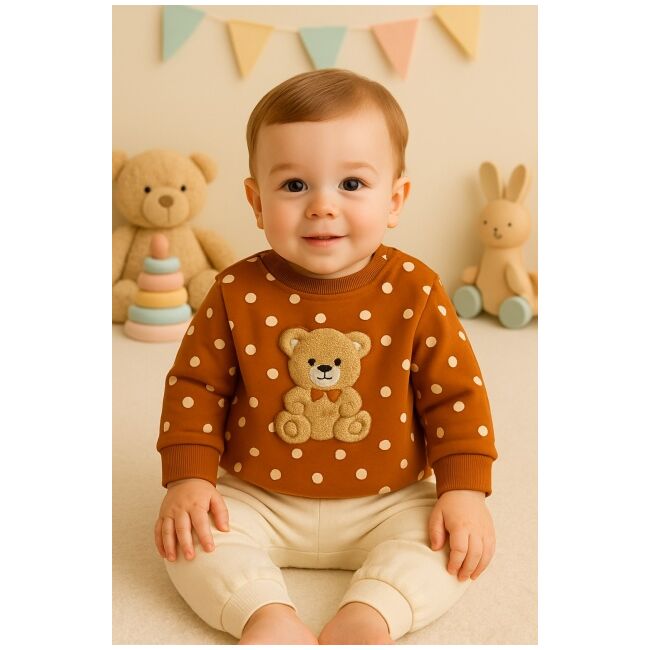 Costumas bebe ursulet cu buline, bluza maro si pantaloni crem – set 2 piese trmb655