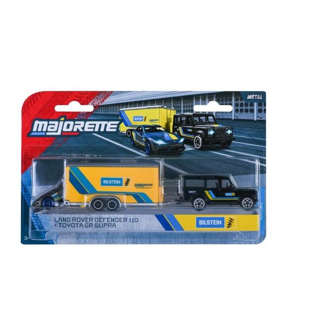 MAJORETTE TRANSPORTER SET REMORCA DE CURSE DELUXE LAND ROVER DEFENDER 110 SI MASINUTA TOYOTA GR SUPRA VIV8502003001_LANDROVER