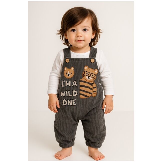 Salopeta bebe "i'm a wild one" gri petrol, cu imprimeu ursuleti trmd417077