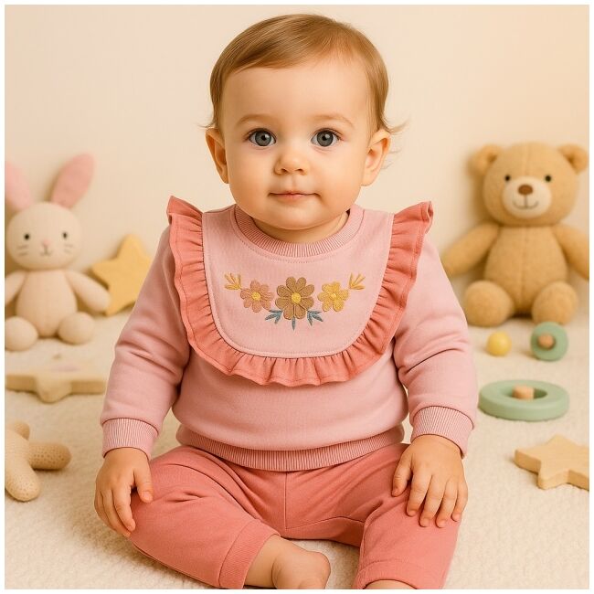 Set bebelusi roz pudra cu floricele brodate – 2 piese moi si confortabile trmd1133