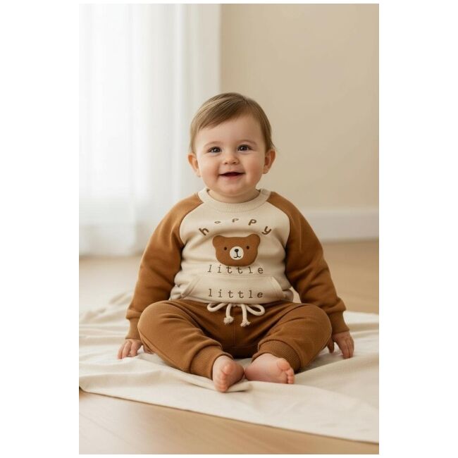 Set bluzita si pantaloni bebelus „happy little bear” - maro bbl39