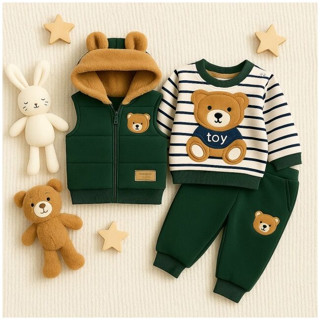 Set verde bebelusi cu ursulet cu vesta si hanorac – 3 piese trmbk6080-1