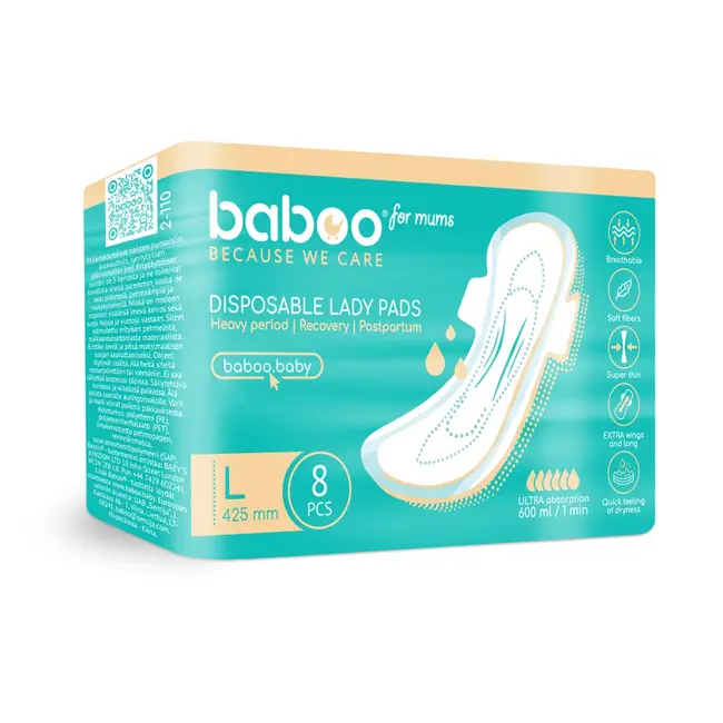 Absorbante postnatale de unica folosinta baboo-8 bucati, marime l 425 mm ba2-110