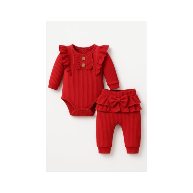 Set bebelusi 2 piese – body cu volanase + pantaloni cu fundita - rosu bbl-bbk014