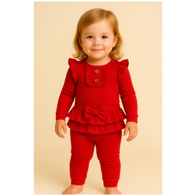 Set bebelusi 2 piese – body cu volanase + pantaloni cu fundita - rosu bbl-bbk014