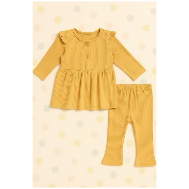 Set fetite rib mustar bluza volanase pantaloni elastici bbl51