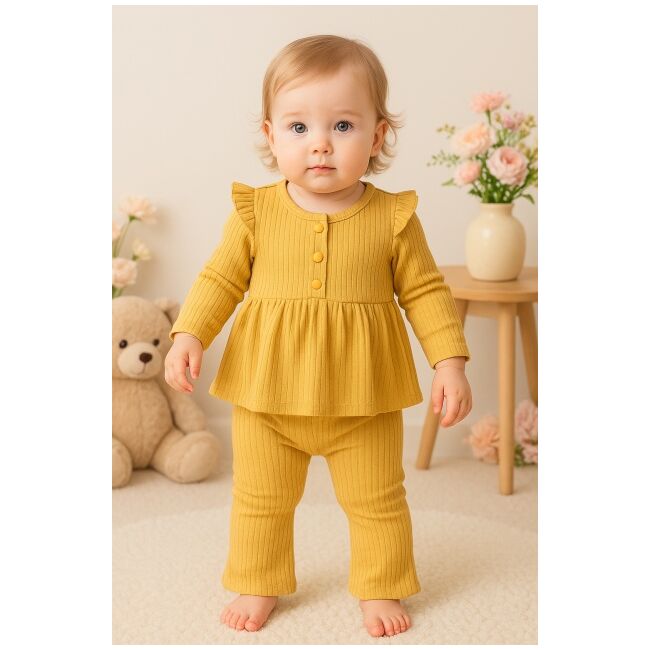 Set fetite rib mustar bluza volanase pantaloni elastici bbl51