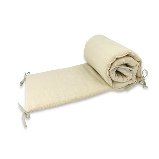 Aparatoare pentru patut, Qmini, Din muselina dubla, 180x30 cm, Cu panglici, Din material certificat Oeko Tex Standard 100, Warm Beige BYN6426972029995