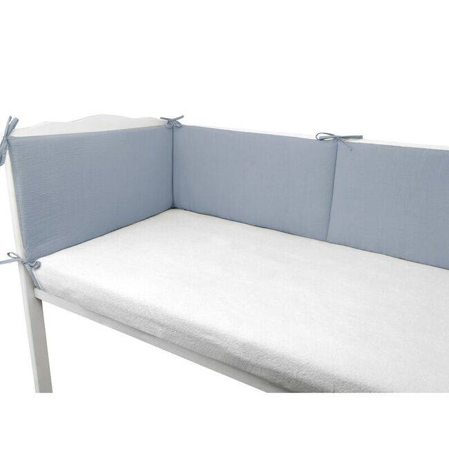 Aparatoare pentru patut, Qmini, Din muselina dubla, 180x30 cm, Cu panglici, Material certificat Oeko Tex Standard 100, Jeans BYN6426972029964