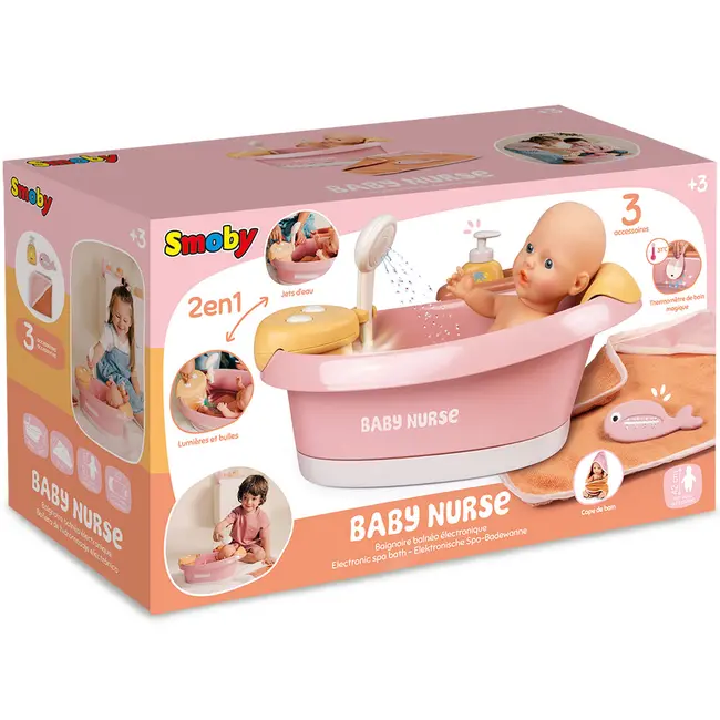 Cadita pentru papusa Smoby Baby Nurse Balneo Bath roz cu 3 accesorii HUBS7600220386