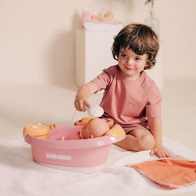 Cadita pentru papusa Smoby Baby Nurse Balneo Bath roz cu 3 accesorii HUBS7600220386