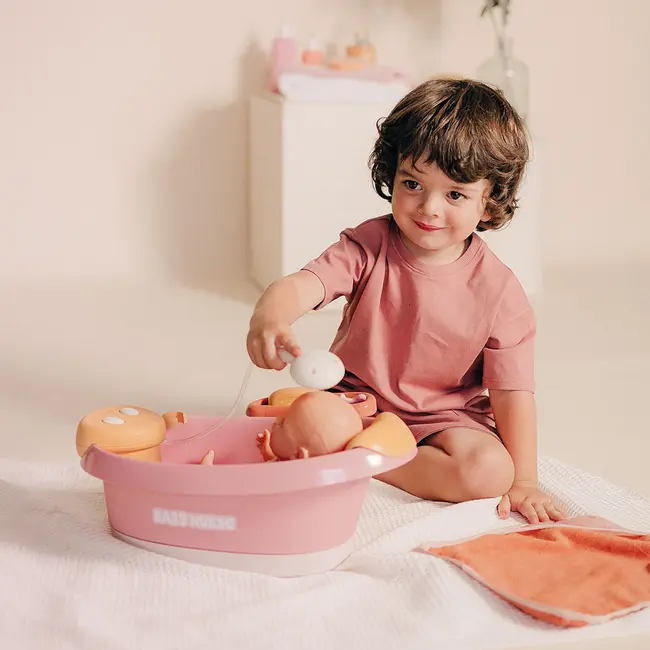 Cadita pentru papusa Smoby Baby Nurse Balneo Bath roz cu 3 accesorii HUBS7600220386