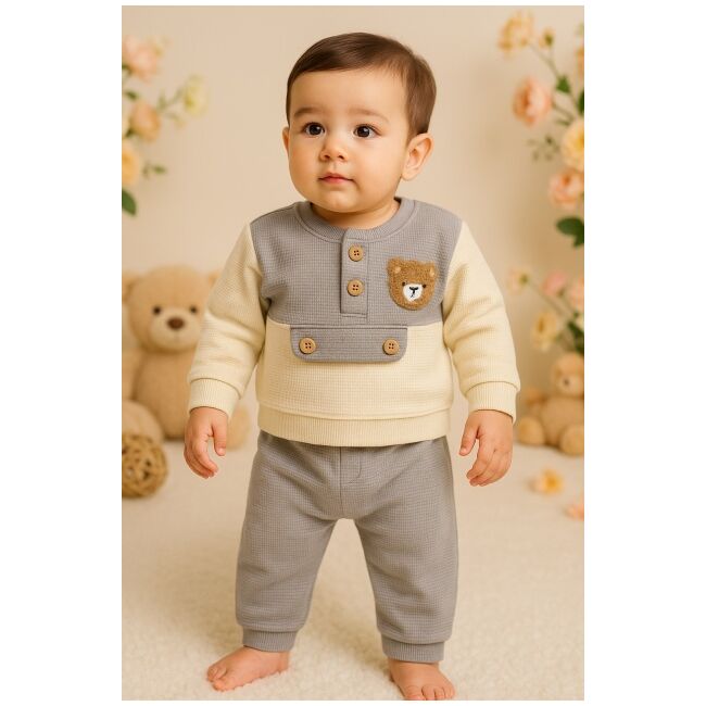 Costumas bebelusi gri crem cu ursulet – set 2 piese confort trmb7008